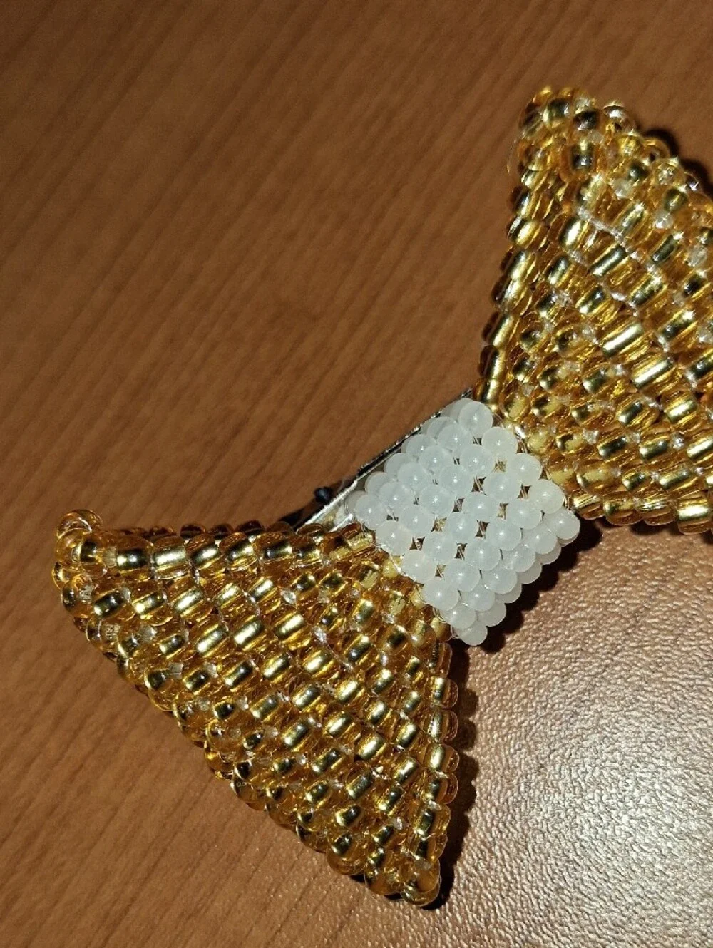Gold and White Beaded Bow Hair Clip